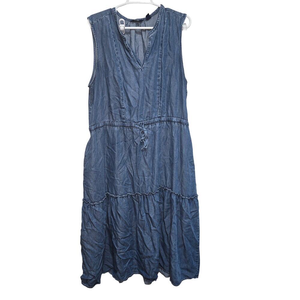 Lands End Chambray Tiered Midi Dress XXL Blue Sleeveless